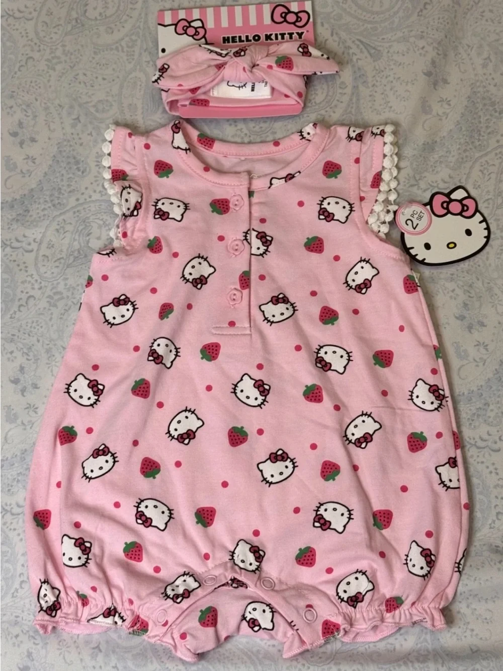 Hello Kitty Pink Strawberry Print Baby Girls' Pajama Romper with Headband